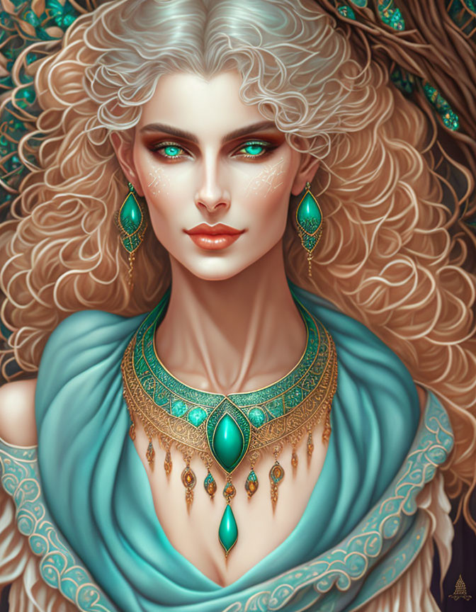 Fantasy character portrait with curly white hair and ornate jewelry