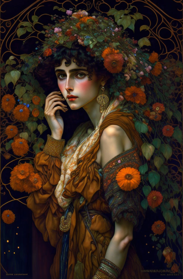 Floral headdress woman portrait in Arts and Crafts style