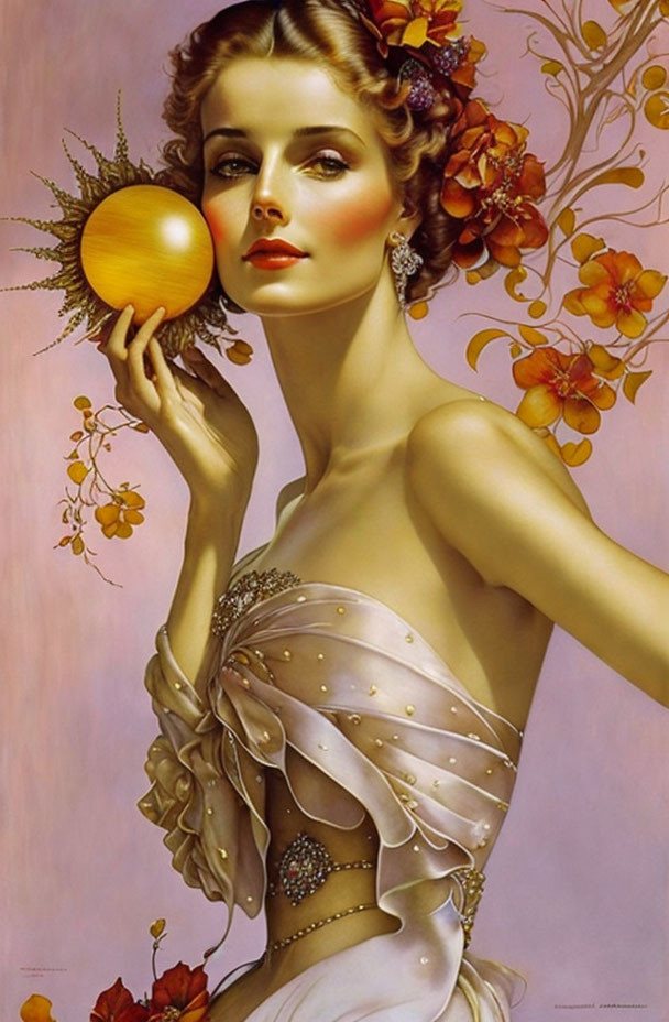 Woman with elegant makeup holding golden orb in white dress with floral hair adornments