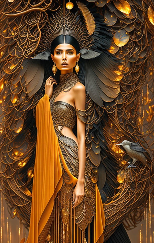 Majestic figure with golden tattoos and feathered backdrop.