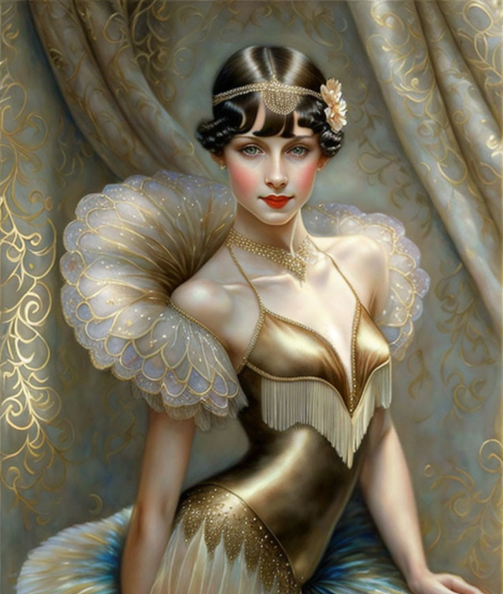 Vintage-style painting of a woman in 1920s flapper attire