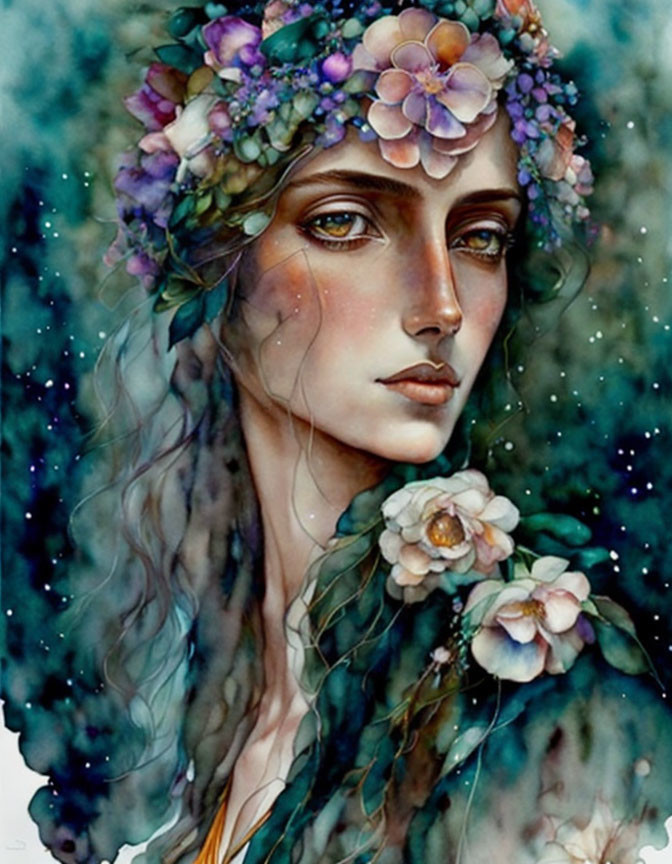 Woman with Floral Wreath in Serene Starry Setting