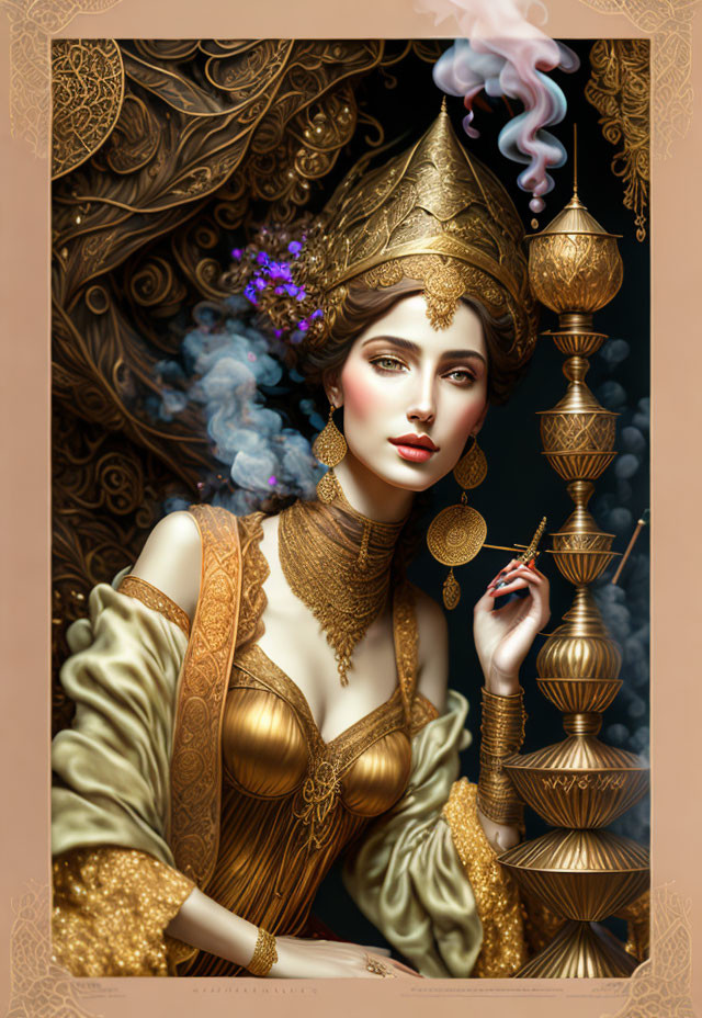 Elaborately adorned woman with hookah pipe in golden setting.