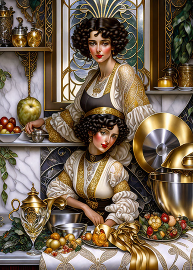 Vintage illustration of elegant women in gold-accented attire with opulent fruit and kitchenware.