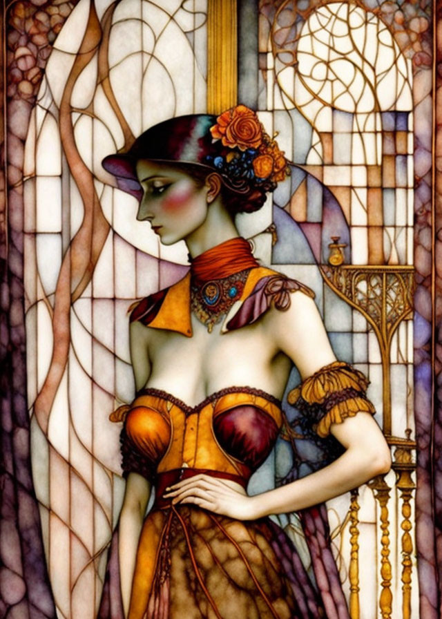 Victorian-style woman portrait with ornate stained glass backdrop