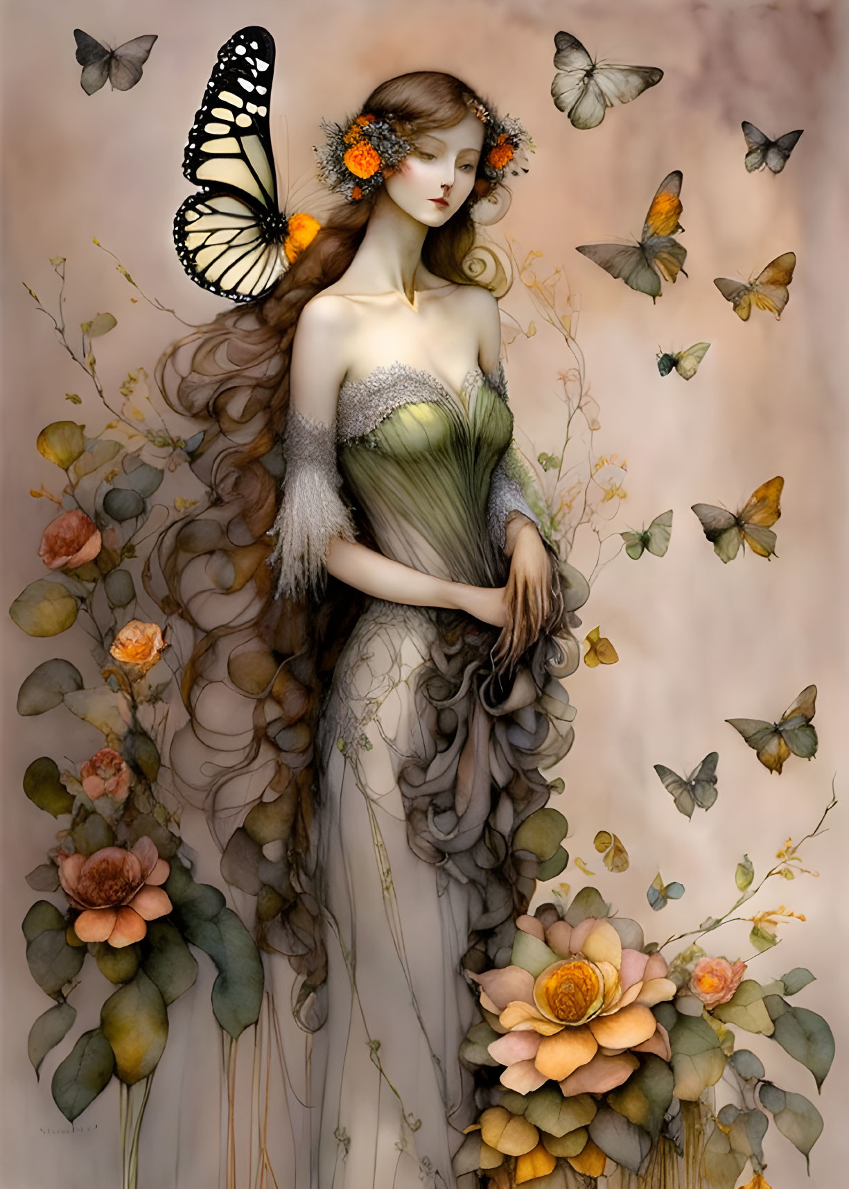 Ethereal woman with long hair, flowers, butterflies in serene setting