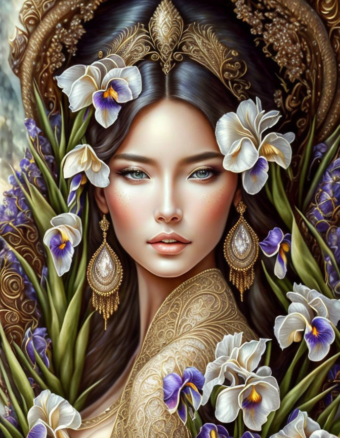 Intricate digital artwork of a woman with gold adornments and floral background