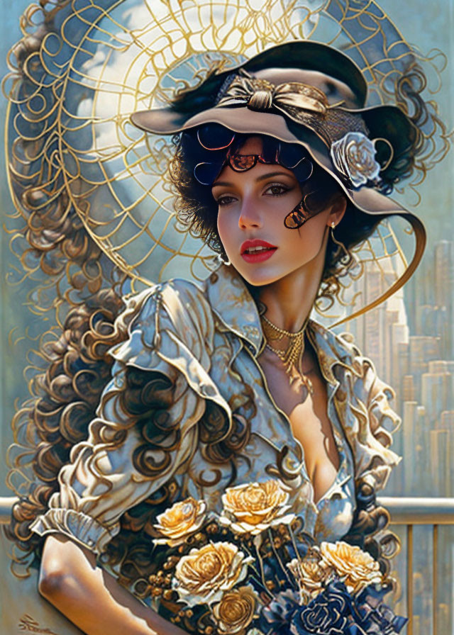 Stylized portrait of woman with curly hair and ornate hat against city backdrop