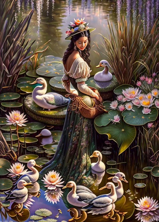 Woman in vintage dress feeding swans by pond at twilight