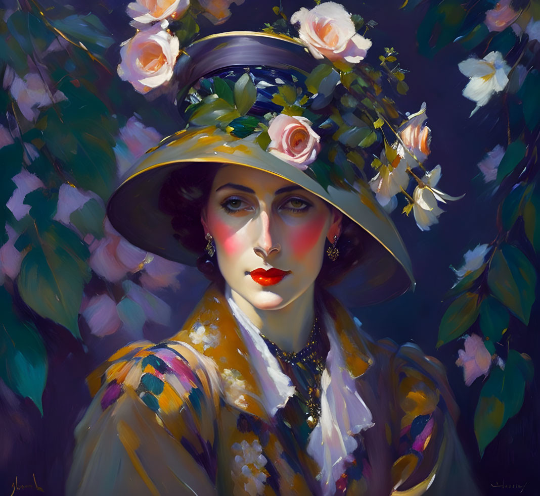 Stylish woman in wide-brimmed hat and floral shawl on dark backdrop