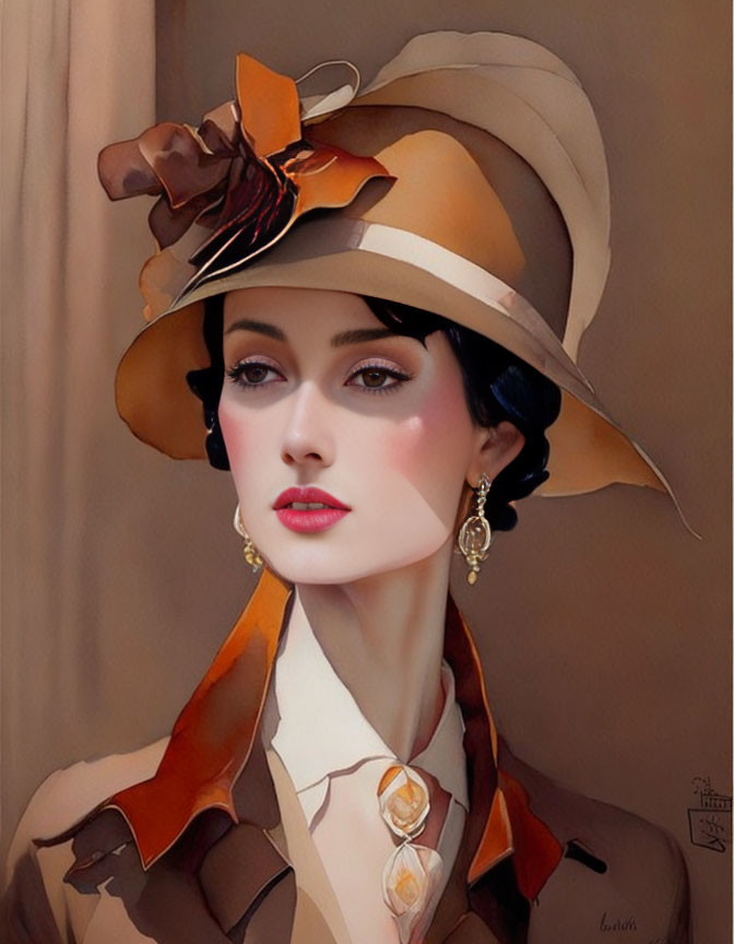 Woman portrait with stylish hat, ribbon, earrings, brown jacket, and orange scarf