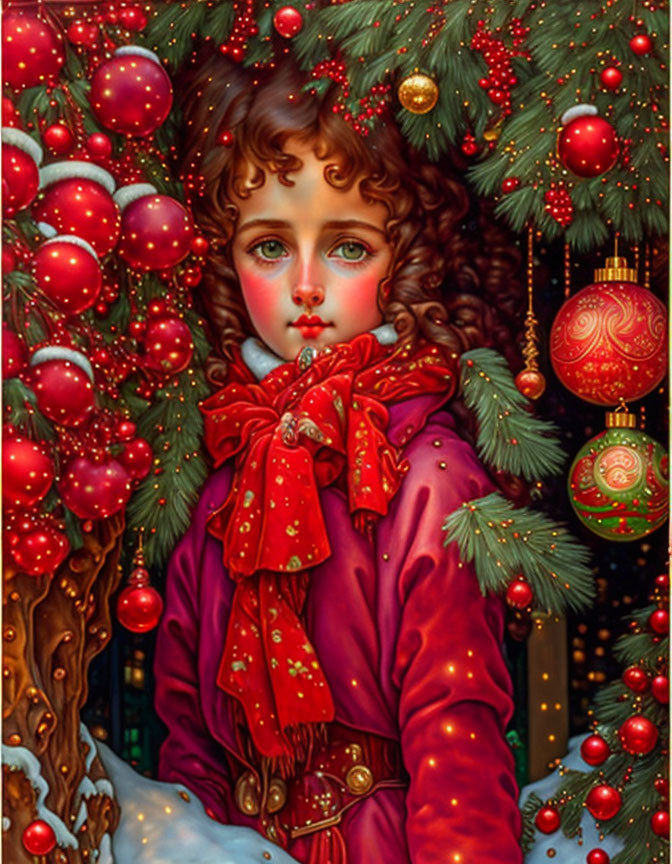 Child portrait with curly hair and red scarf by Christmas tree