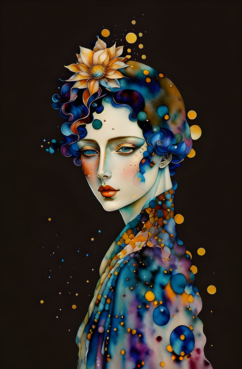 Vibrant woman with blue curly hair and flower, painted bubbles on dark background