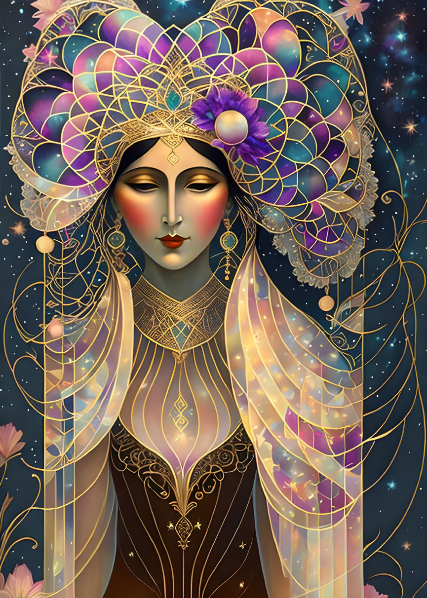 Mystical woman with ornate headdress and golden jewelry against starry backdrop