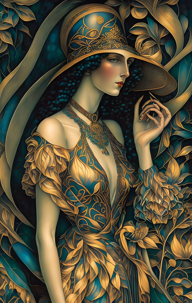 Art Nouveau-inspired illustration of woman in golden attire with floral patterns