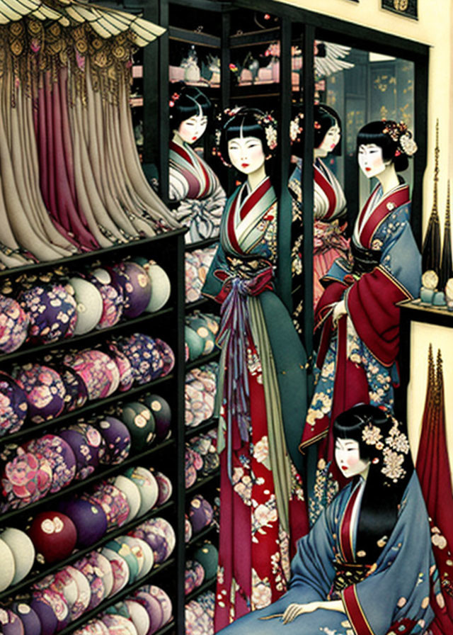 Detailed artwork of three geishas in kimonos browsing fabrics in Japanese setting