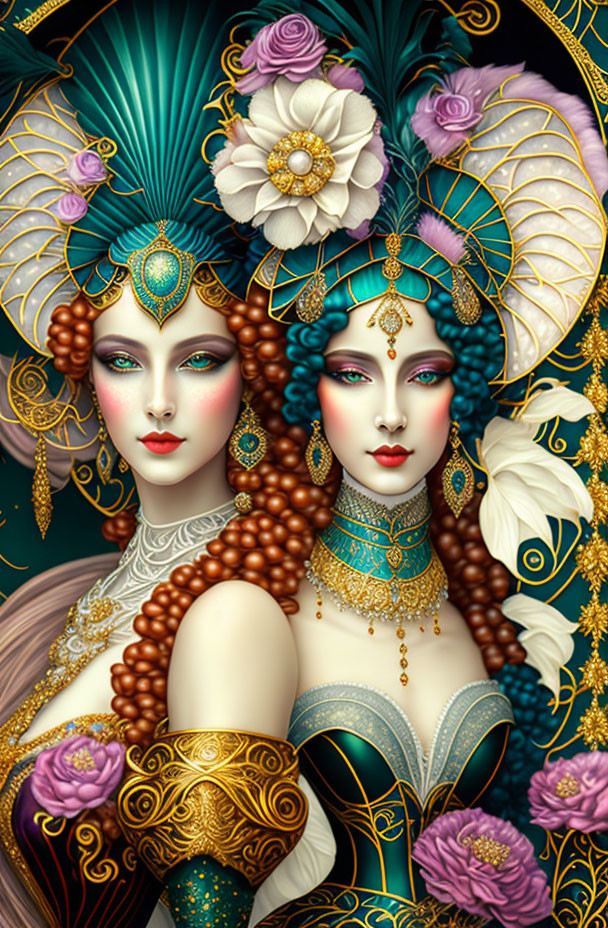 Ornately Dressed Women with Elaborate Headdresses and Jewelry