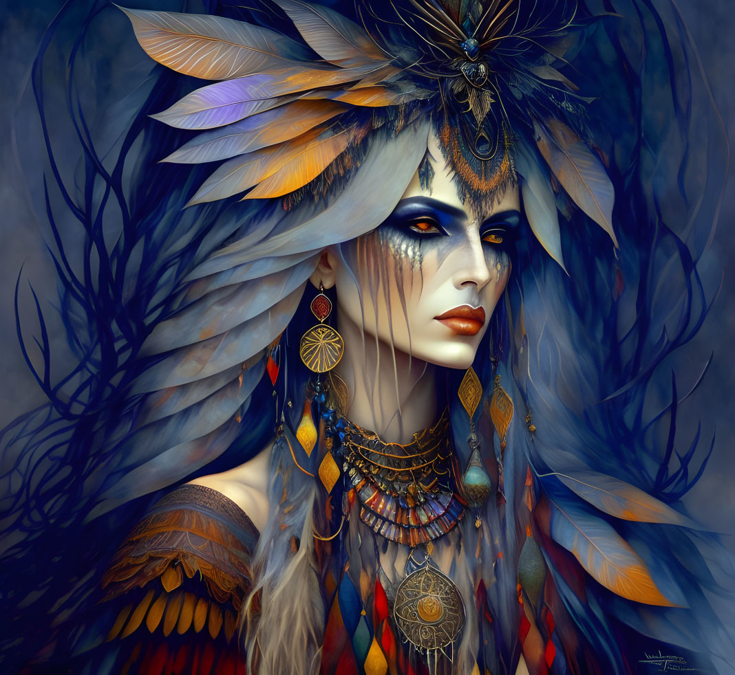 Digital artwork featuring woman in vibrant feather headdress