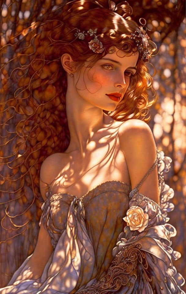 Woman with curly hair and flowers, autumn leaves backdrop.