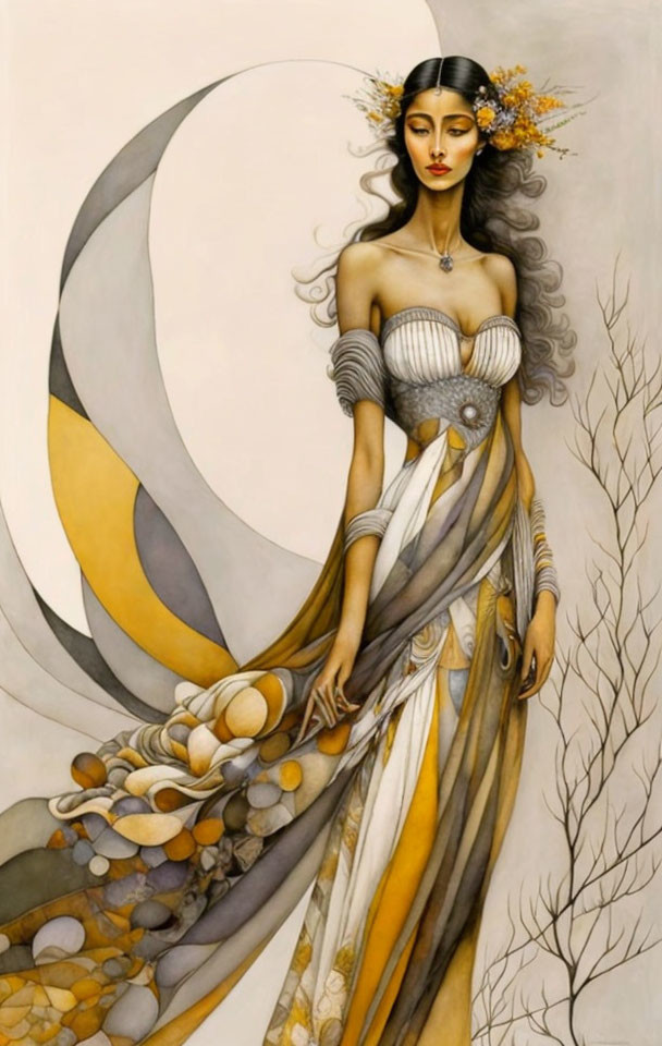 Graceful woman in flowing gown with moon and floral elements