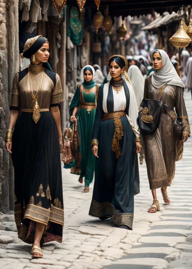 Four women in traditional Middle Eastern attire walking through an ancient market alley.