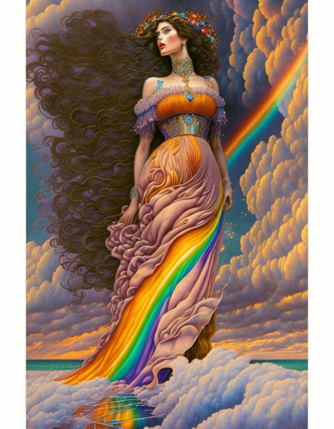 Vibrant painting of woman on clouds with rainbow dress