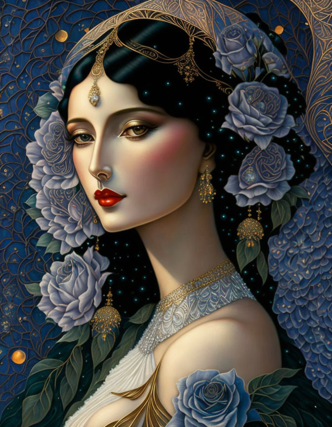 Illustrated Woman with Red Lips and Ornate Headpiece Surrounded by Blue Roses on Textured Blue