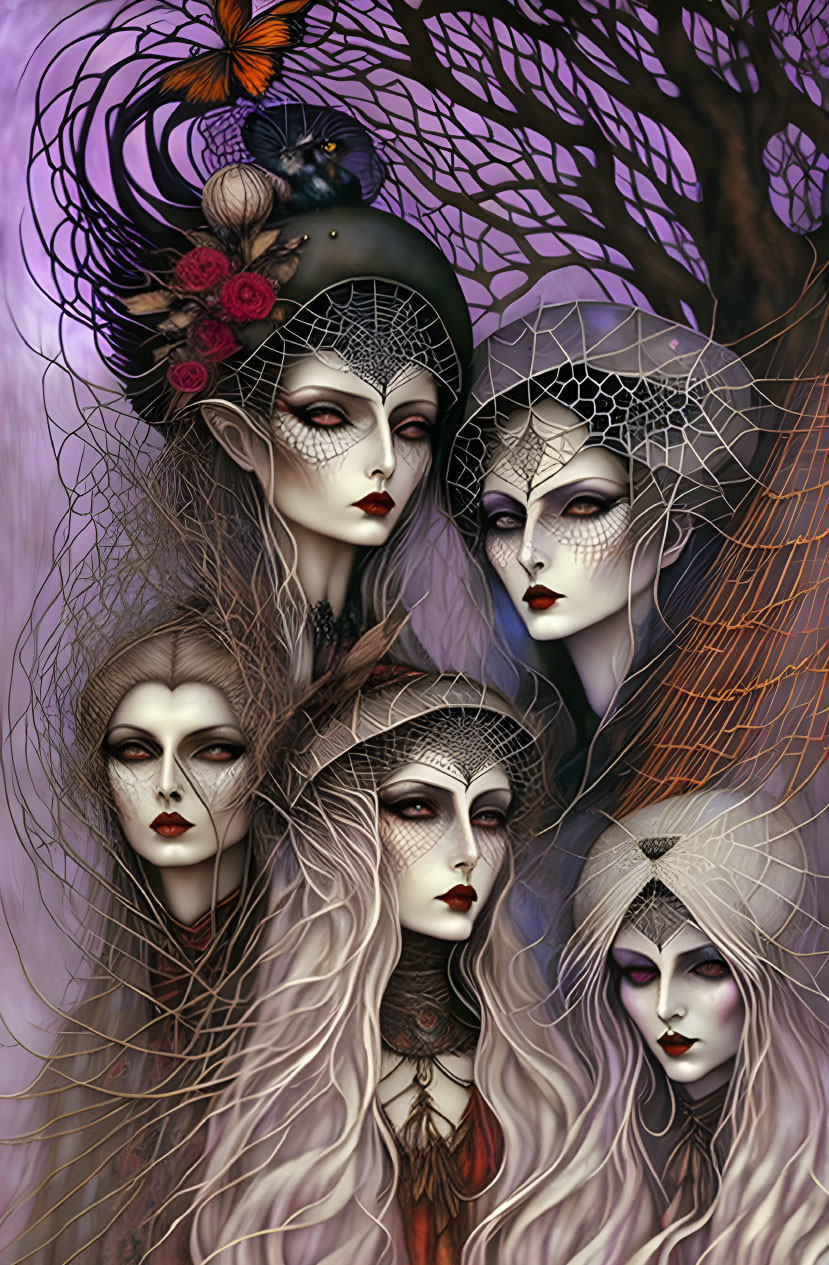 Ethereal women with elaborate headdresses in mystical setting