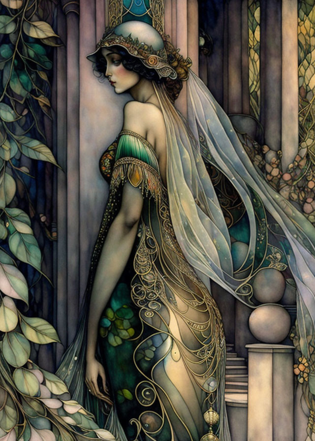 Art Nouveau style illustration of woman with flowing hair in diaphanous gown among ornate pillars