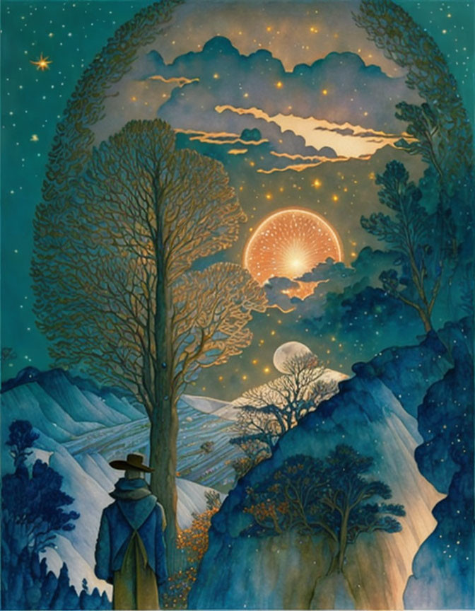 Stylized illustration of person in hat gazing at fantastical celestial landscape