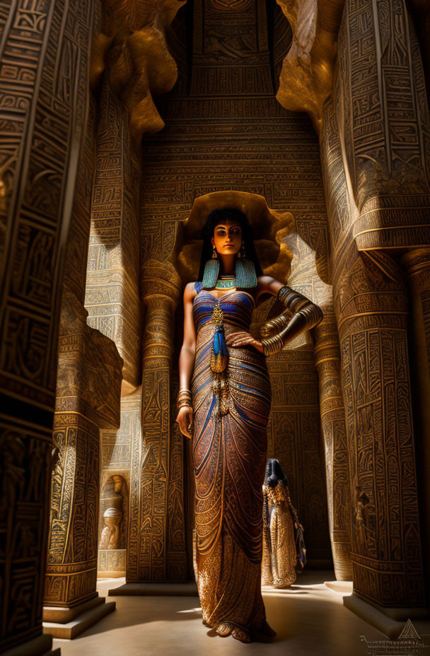 Ancient Egyptian-themed regal figure in richly decorated temple