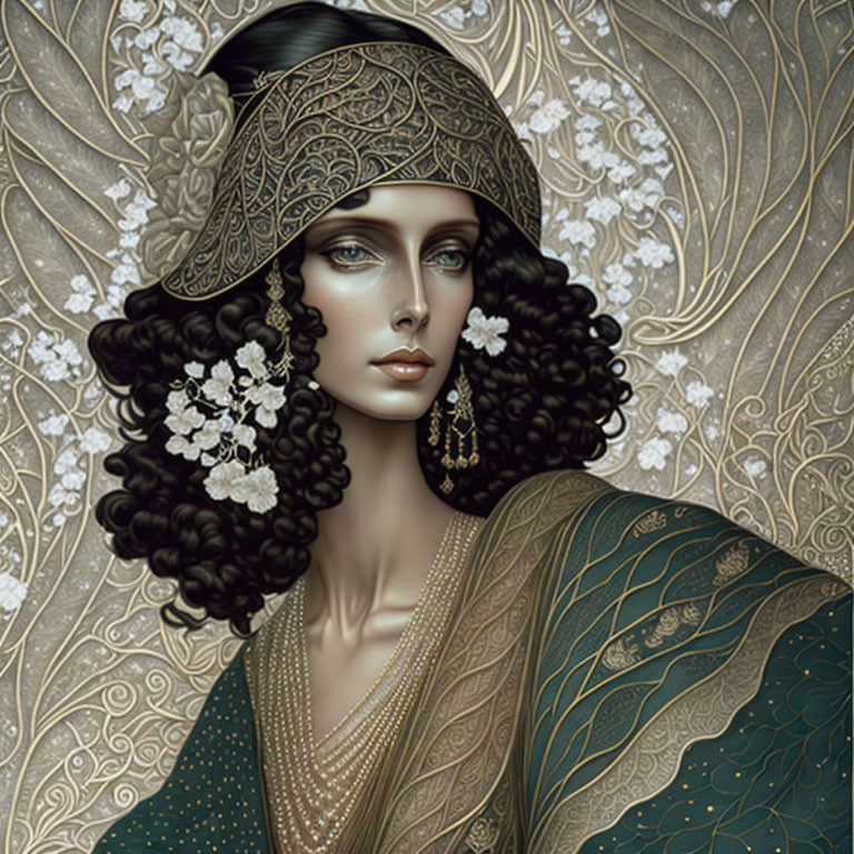 Stylized portrait of a woman with dark curls and floral headdress