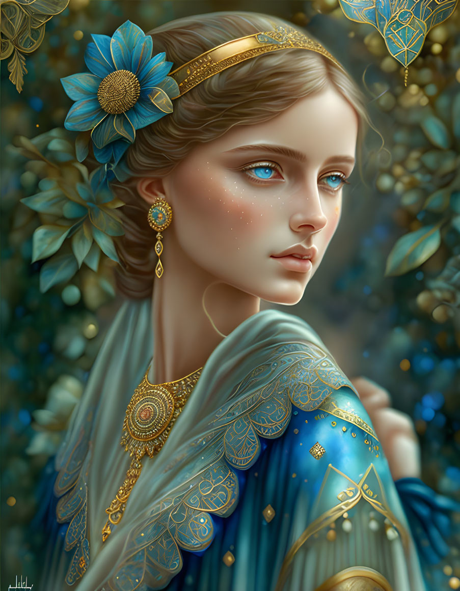 Woman with Blue Eyes Wearing Gold Tiara and Blue Dress in Verdant Foliage