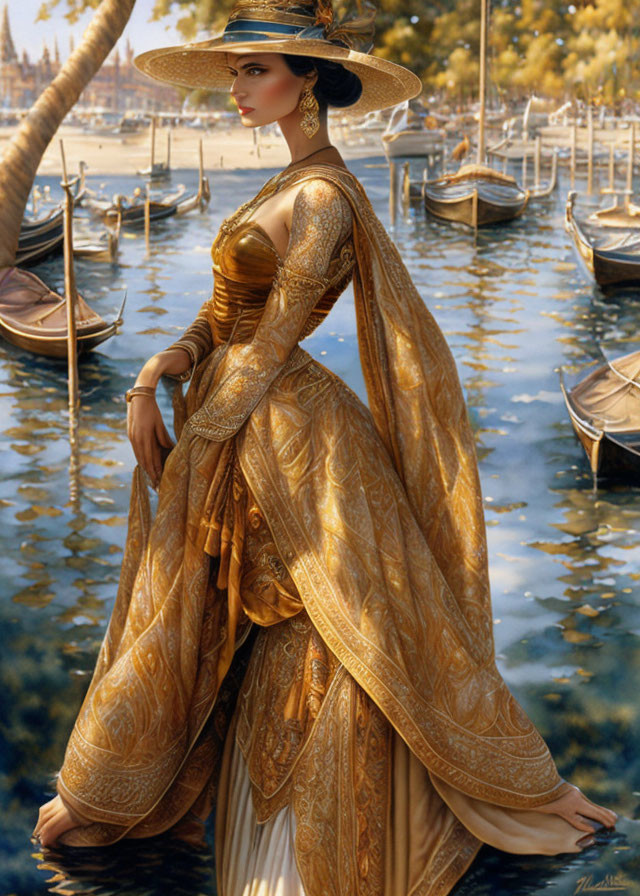 Woman in ornate golden traditional attire by calm waterfront boats