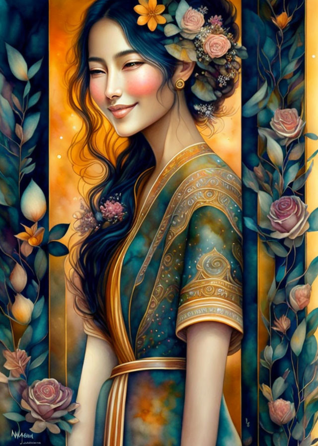 Smiling woman with floral hair and traditional dress next to rose panels