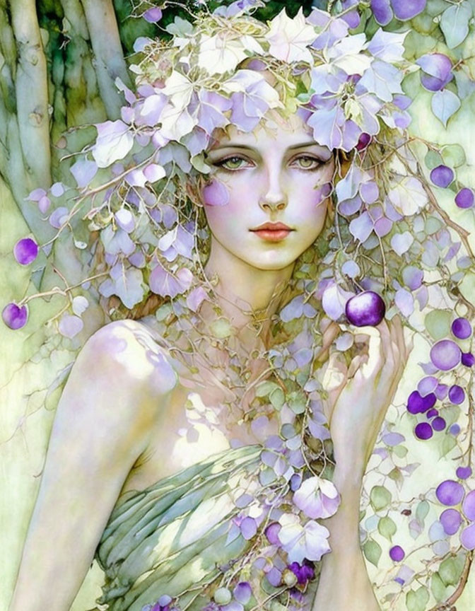 Portrait of woman with pale skin and violet eyes holding grape in nature scene