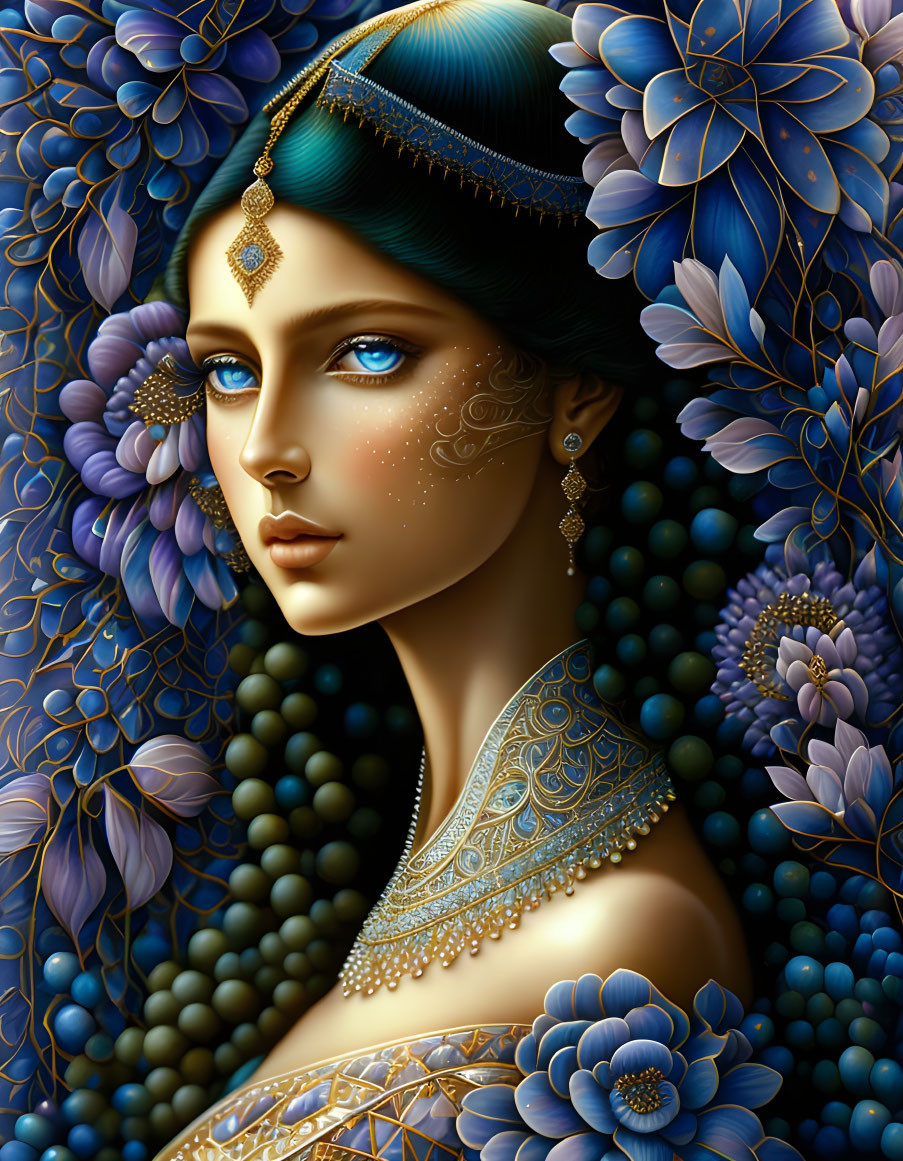 Blue-skinned woman surrounded by intricate flowers and gold jewelry