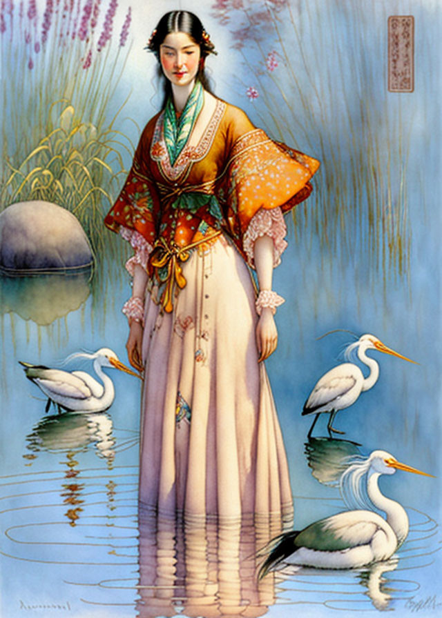 Traditional Asian attire woman painting with white egrets by water