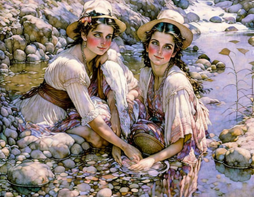 Traditional dressed women by rocky stream in rural setting