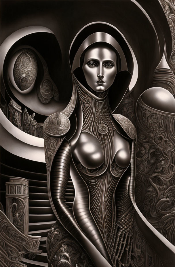 Grayscale surreal metallic female figure with intricate patterns in abstract architectural setting