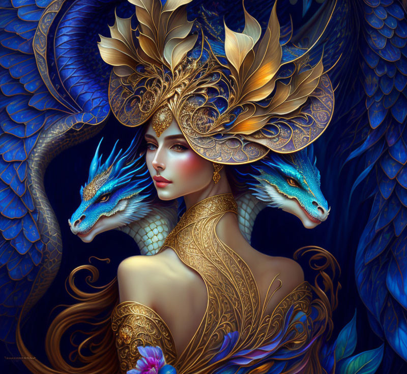 Ornate golden headdress woman with blue dragons on dark blue background