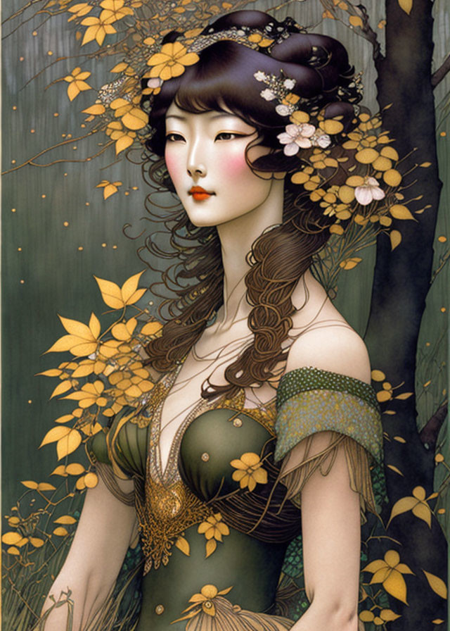 Illustration of elegant woman with floral hair against golden leaf backdrop