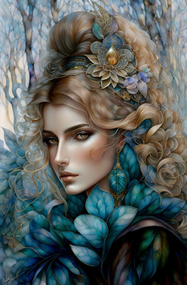 Digital Artwork: Woman with Golden Jewelry, Blonde Curls, and Blue Leaf Shawl