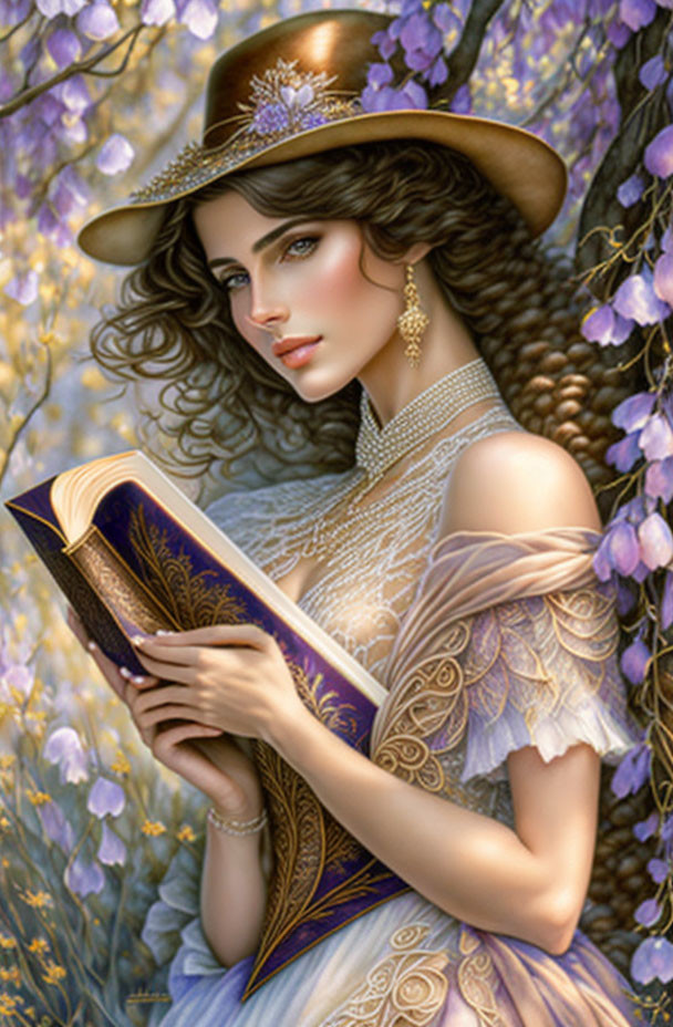 Woman in wide-brimmed hat reading book under wisteria tree with sunlight filtering through blooms