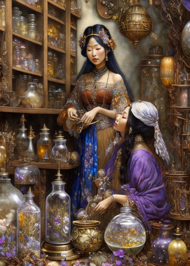 Traditional Attire Women in Mystical Apothecary Setting