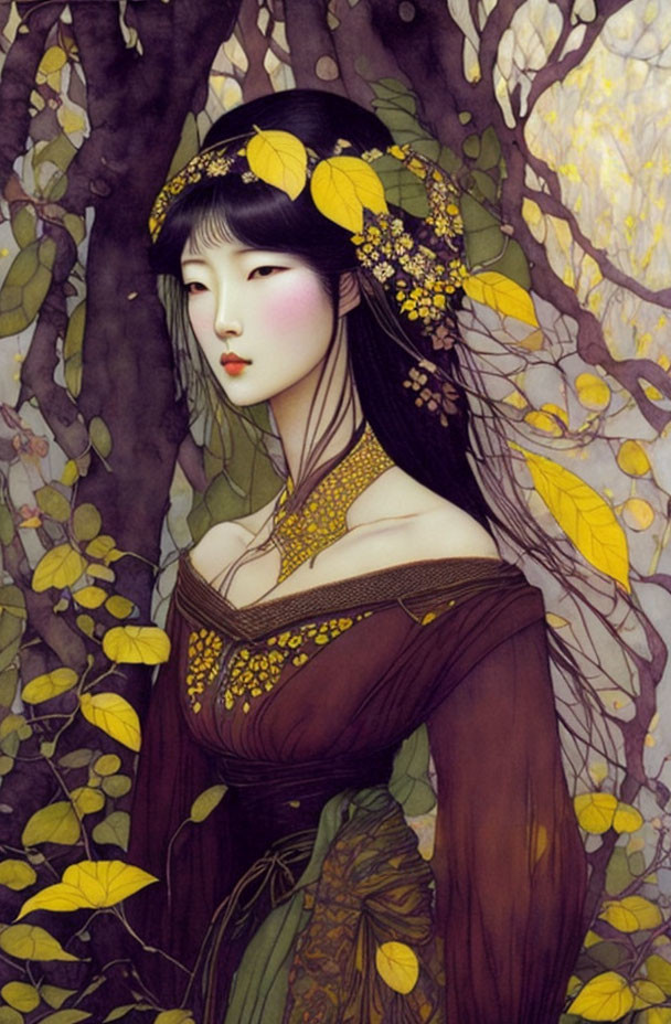 Illustration of elegant woman with pale skin, black hair, yellow flowers, dark floral dress, in