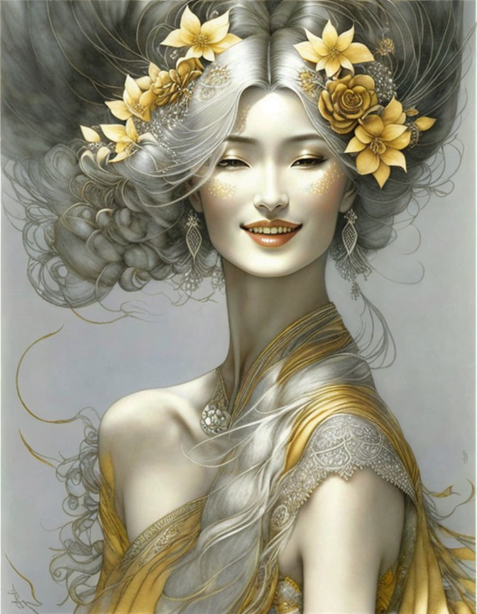 Illustration of woman with serene smile and grey hair adorned with golden flowers in draped gold garment