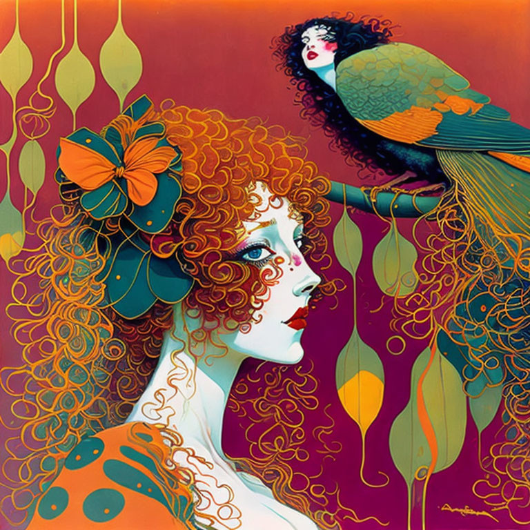 Vibrant artwork: Woman with red curly hair, orange flower, peacock on shoulder, red