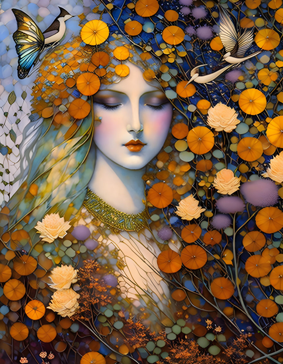 Ethereal artwork of serene female figure with orange flowers, birds, and butterflies