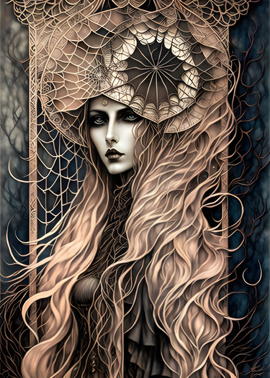 Gothic-style illustration of pale woman with lace umbrella and intense gaze